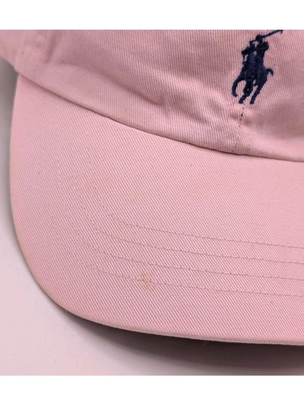 Vintage POLO Ralph Lauren Light Pink Hat Leather Strap Adjustable Blue Pony Y2K